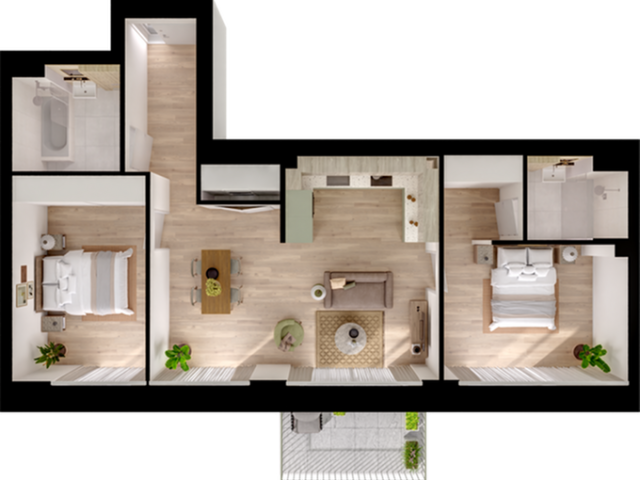 Modern floor plan featuring 2 cozy bedrooms, sleek kitchen, open-concept living area, and 2 stylish bathrooms with spacious layout.