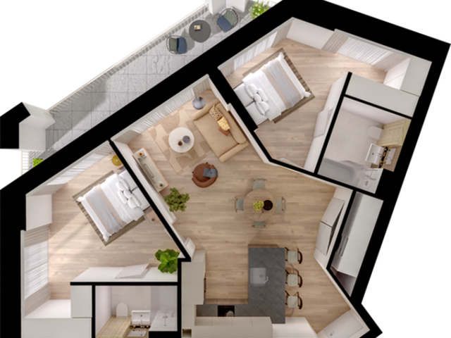 Modern 3D floor plan featuring two cozy bedrooms, a stylish open-concept kitchen and living area, plus a scenic balcony with outdoor seating.