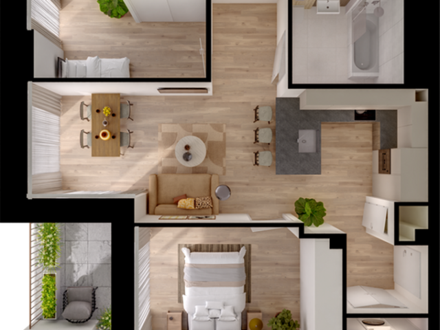 Modern floor plan featuring an open-concept living room, stylish kitchen with island seating, cozy dining area, bright bedroom, luxurious bathroom, and a private balcony with greenery.