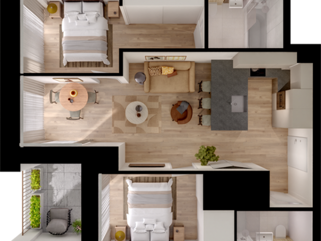 Modern 3D floor plan showcasing two cozy bedrooms, a stylish open-concept living area with a kitchen island, and a serene patio with greenery.
