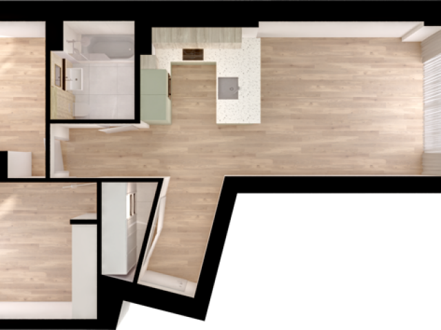 Modern 2D floor plan showcasing a sleek open kitchen and spacious living area with natural light, complemented by two cozy bedrooms and a full bathroom.