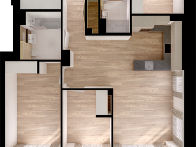 Modern 3D floor plan showcasing a bright open-concept layout with 3 bedrooms, a sleek kitchen, and spacious living area, perfect for family living.