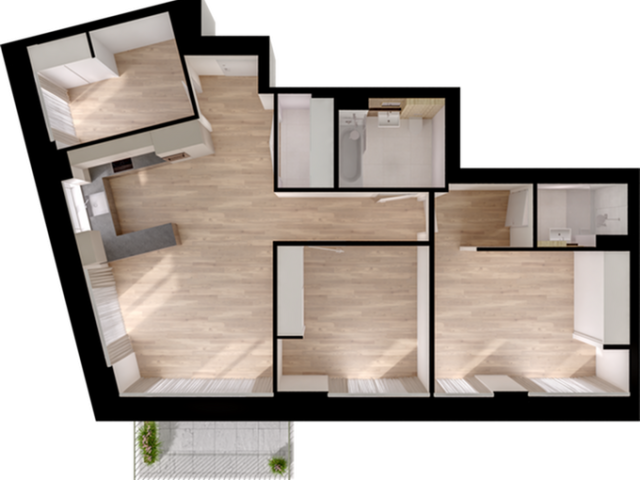 Charming floor plan featuring a bright 3-bedroom layout with an open-concept living and dining area, modern kitchen, and two bathrooms, highlighted by sleek wooden flooring and abundant natural light.