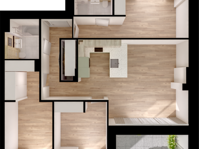 Modern floor plan with three bedrooms, open kitchen concept, spacious living area, and two bathrooms, featuring wooden floors and a cozy balcony.