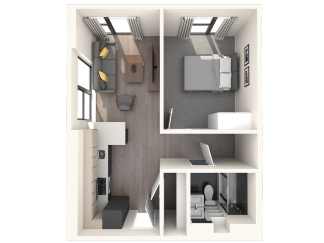 Modern 1-bedroom apartment floor plan with cozy living room, sleek kitchen, and elegant bathroom.