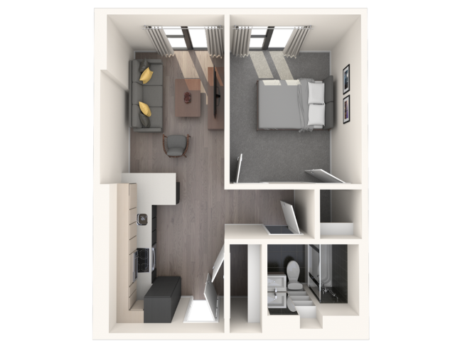Chic 1-bedroom apartment floor plan featuring a cozy living room, sleek kitchen, and modern bathroom layout.