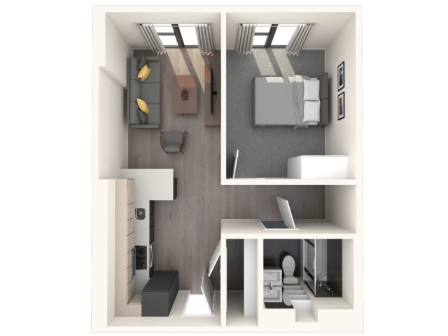 Contemporary apartment floor plan showcasing a cozy living area, modern kitchen, elegant bedroom, and sleek bathroom layout.