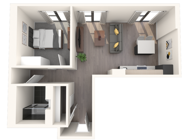 Modern open-concept apartment layout featuring one bedroom, a cozy living area, compact kitchen, and bathroom. Stylish design with ample natural light.