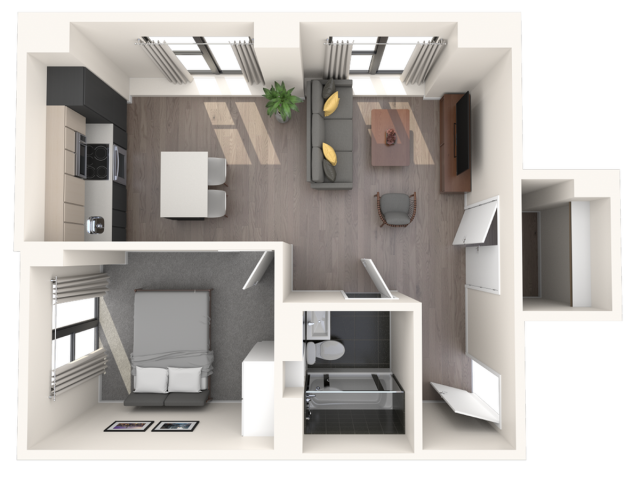 Chic modern floor plan showcasing an open-concept living room, elegant kitchen, cozy bedroom, and stylish bathroom.