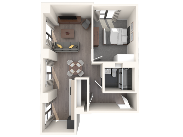 Modern 3D floor plan showcasing a cozy 1-bedroom apartment with an inviting living area, stylish furniture, and a functional kitchen layout.