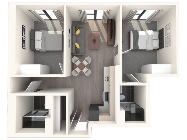 Modern 3D floor plan showcasing two cozy bedrooms, stylish living area, compact kitchen, and a sleek bathroom layout, perfect for urban living.