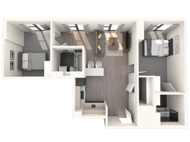 Modern 2D floor plan featuring 2 bedrooms, a cozy living area, sleek kitchen, and contemporary bathroom design.