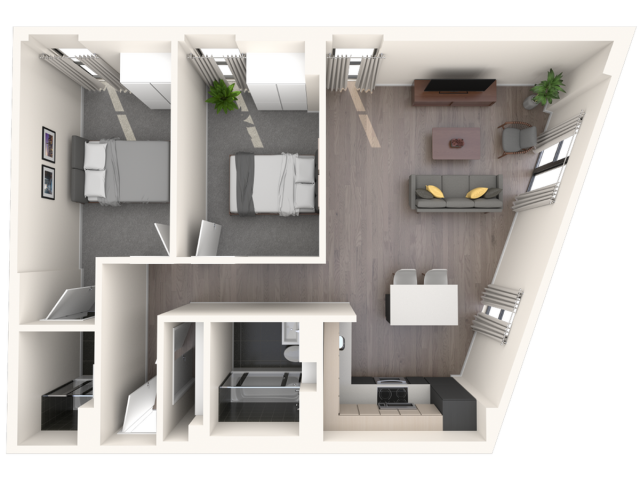 Elegant 2D floor plan showcasing two bedrooms, a cozy open-plan living area, and a modern kitchen layout.