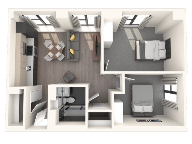 Modern apartment floor plan with 2 spacious bedrooms, a sleek kitchen, cozy living area, and a well-designed bathroom.