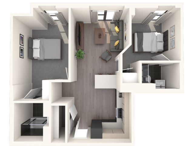 Modern 3D floor plan showcasing a cozy two-bedroom apartment with an open living space and a sleek kitchen, emphasizing functionality and style.