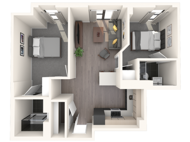 Modern 3D floor plan featuring 2 cozy bedrooms, a stylish open living area, and a sleek kitchen design.