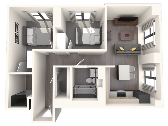 Modern and spacious 3D floor plan showcasing two bedrooms, elegant living room with cozy sofa, compact kitchen, and a stylish bathroom.