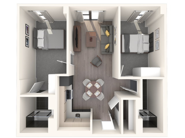 Modern 3D floor plan of an inviting apartment with two cozy bedrooms, an open-concept living and dining area, and a sleek kitchen.