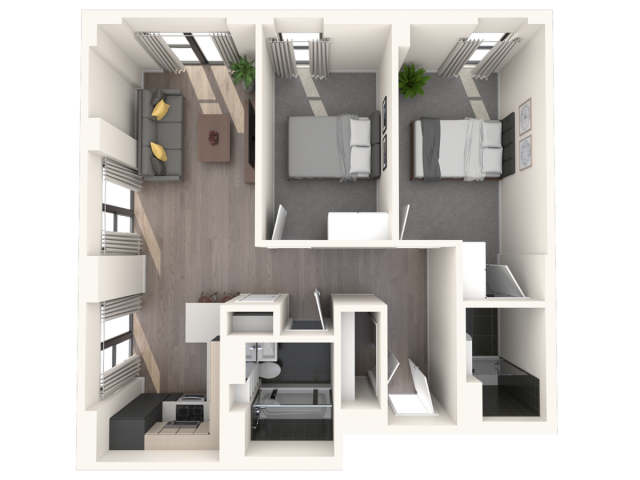 Modern 3D floor plan showcasing two cozy bedrooms, an inviting open-concept living room with a stylish kitchen, and a sleek bathroom design.