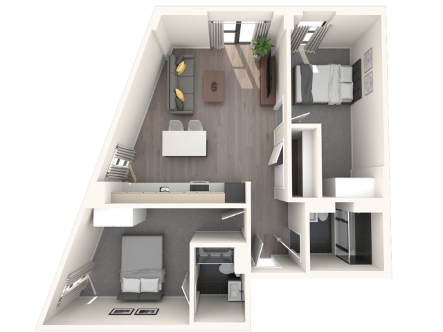 Modern 2D floor plan showcasing a 2-bedroom apartment with an open living area and stylish kitchen.