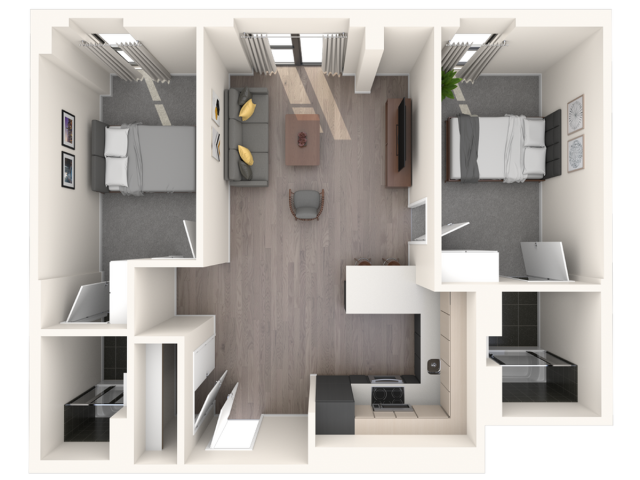 Modern 2D floor plan showcasing a 2-bedroom apartment with an open-concept living room, sleek kitchen, and two elegant bathrooms.