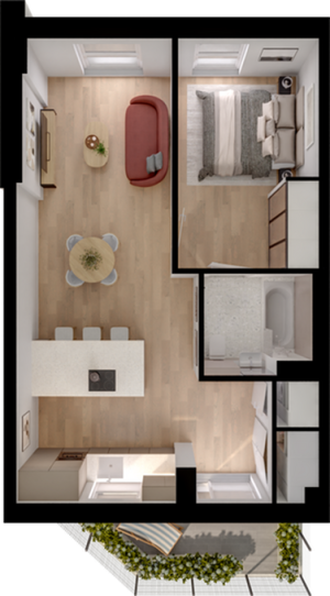 Inviting floor plan featuring a cozy bedroom, sleek modern kitchen with island seating, and an elegant living area leading to a charming outdoor patio.