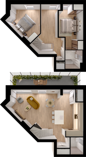 Modern split-level floor plan showcasing two bedrooms, open-concept living area, and elegant kitchen with a spacious balcony.