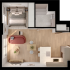 Modern floor plan featuring a cozy bedroom, stylish bathroom, open-concept living area, and chic kitchen with access to a lush balcony.