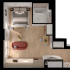 Modern 1-bedroom apartment layout featuring an open-concept living area, cozy kitchen, and luxurious bathroom, complete with a private balcony for outdoor relaxation.