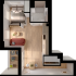 Modern 1-bedroom apartment floor plan featuring an open living area, cozy kitchen, elegant bathroom, and a charming balcony.