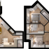 Elegant 3D floor plan showcasing a sleek open-concept living area, modern kitchen, and three cozy bedrooms with stylish bathrooms.