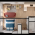 Chic apartment floor plan showcasing 1 bedroom, modern open-concept kitchen and living area, stylish bathroom, and cozy balcony.