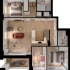 Modern 3D floor plan showcasing two bedrooms, an open-concept living area with a chic red sofa, sleek kitchen, two bathrooms, and a cozy balcony space.