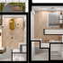 Modern duplex floor plan showcasing an elegant bedroom, open living and dining area, chic bathroom, and a charming balcony space.