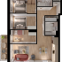 Modern floor plan showcasing three cozy bedrooms, an inviting open living room, stylish kitchen, and a charming balcony, all with chic furnishings.