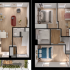 Elegant 3D floor plan highlighting a spacious two-story apartment with three bedrooms, open living area, modern kitchen, and a charming outdoor patio.