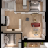 Modern apartment floor plan featuring 2 cozy bedrooms, an open-concept kitchen and living area, and a private balcony.