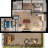 Elegant floor plan showcasing a modern apartment with two cozy bedrooms, an open-concept living and dining area, and a stylish kitchen. Includes a large balcony with seating and lush greenery.