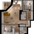 Modern 3D floor plan with two cozy bedrooms, open-concept living and dining area, stylish kitchen, and a charming balcony.