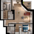 Modern floor plan featuring 2 bedrooms, open living and dining area, sleek kitchen, and cozy balcony.