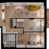 Modern 2D floor plan showcasing a stylish 2-bedroom apartment with an open-concept living and dining area, cozy living room, elegant bathroom, and inviting outdoor deck space.