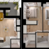 Modern 2D floor plan highlighting a stylish open-concept living area, sleek kitchen, and two cozy bedrooms with a spacious outdoor terrace.