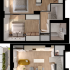 Modern 3D floor plan showcasing two cozy bedrooms, an open-concept kitchen and living area, complete with a stylish patio.