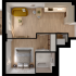 Chic one-bedroom apartment floor plan featuring an open-concept living area with a modern kitchen and cozy bedroom, complemented by a stylish bathroom and serene balcony space.