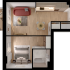 Inviting one-bedroom apartment floor plan featuring an open living area, modern kitchen, cozy bedroom, and sleek bathroom.
