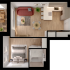 Chic floor plan showcasing a cozy 1-bedroom with an inviting open-concept living area, modern kitchen with bar seating, and a sunlit balcony space.