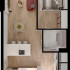 Inviting floor plan featuring a cozy bedroom, sleek modern kitchen with island seating, and an elegant living area leading to a charming outdoor patio.