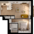 Elegant open-concept floor plan featuring a modern kitchen with island seating, cozy living area, and a spacious bedroom with adjacent bathroom.