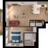 Charming floor plan of a modern one-bedroom apartment featuring an open-concept kitchen and living area, a cozy balcony with lush greenery, and a sleek bathroom.