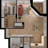 Modern apartment floor plan with 1 bedroom, stylish open-concept living and dining area, sleek kitchen, and private balcony.